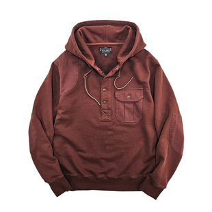 西里布烟椒红全棉亨利领连帽短款卫衣男士复古休闲重磅套头衫原创