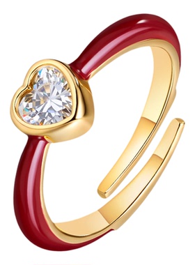 阿吉豆戒指女红色爱心指环开口戒