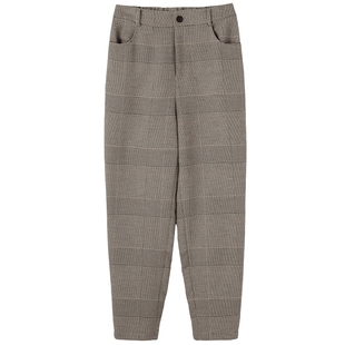 布景休闲裤女冬季新品简约格纹松紧腰厚款弹力梭织裤子长裤1475