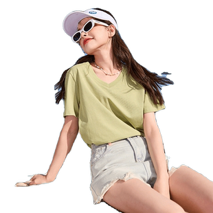 唐狮韩系简约温柔风V领T恤女夏季合身直筒刺绣日常百搭短袖上衣