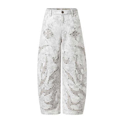 SMASHING贴布绣铆钉白色牛仔裤