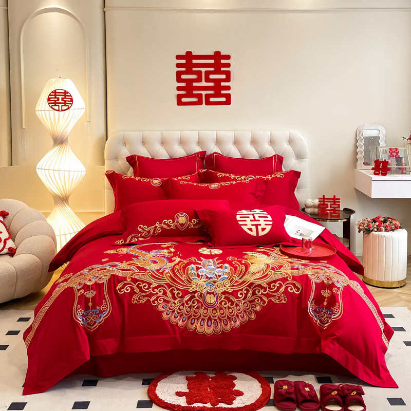 中式龙凤刺绣结婚四件套红色床单被套纯棉新婚庆床上用品婚房喜被