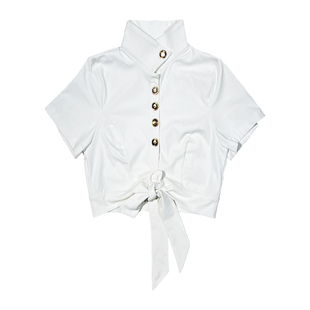 易梦玲同款辣妹白色打结衬衫夏性感高腰设计感衬衣绑带短款上衣女