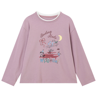 布丁哈鲁春装女童童装百搭上衣2026春季新款儿童卡通印花圆领T恤