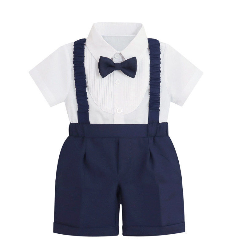 男宝宝周岁礼服夏季短袖背带裤套装婴儿生日抓周宴衣服男童小西装
