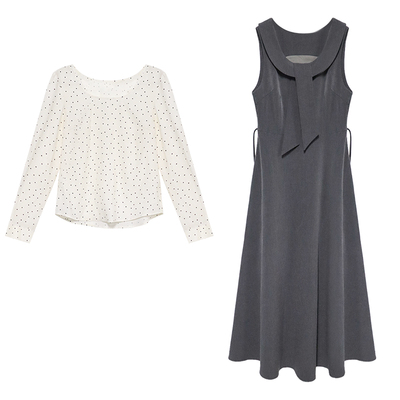 贰羊设计【望舒】复古通勤无袖灰色背带裙波点衬衫连衣裙套装女