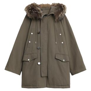 CV大码女装 冬季真貉子大毛领白鸭绒工装羽绒服天丝连帽派克服女