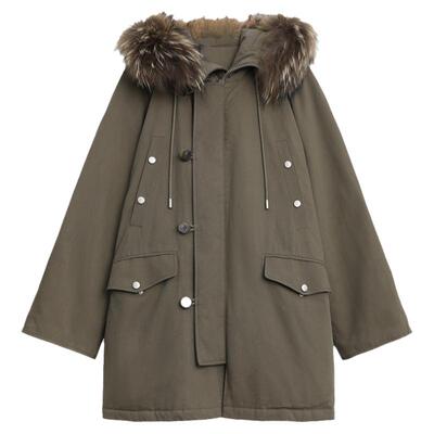 CV大码女装 冬季真貉子大毛领白鸭绒工装羽绒服天丝连帽派克服女