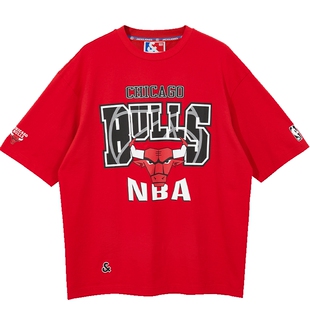 杰克琼斯NBA联名公牛队秋季字母胶印运动宽松纯棉短袖T恤男装