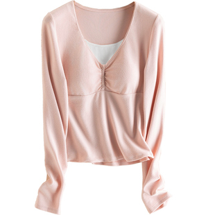 哺乳上衣纯棉秋冬款孕妇打底衫假两件产后短裤喂奶月子服免穿内衣