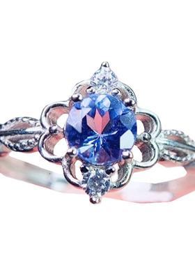 天然坦桑石戒指女指环纯银镀白金