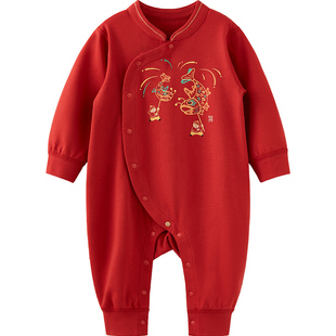 微狮牧尼婴儿红色连体衣春秋款宝宝满月衣服纯棉百日宴哈衣爬爬服