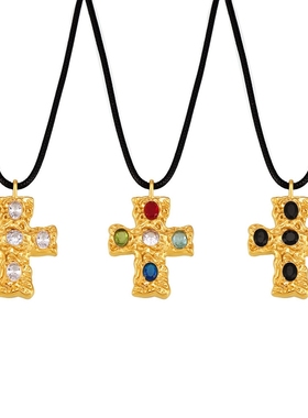 欧美个性跨境捶打纹玻璃十字架黑绳项链钛钢镀18K项饰高端首饰