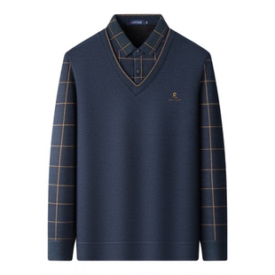 [加绒内里]梦特娇男士格纹假两件秋冬季毛衣加厚保暖针织衫打底Z