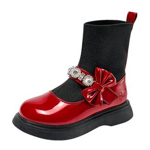 芭比童鞋女童靴子冬季短靴加绒皮靴二棉鞋新年红色皮鞋儿童袜子靴