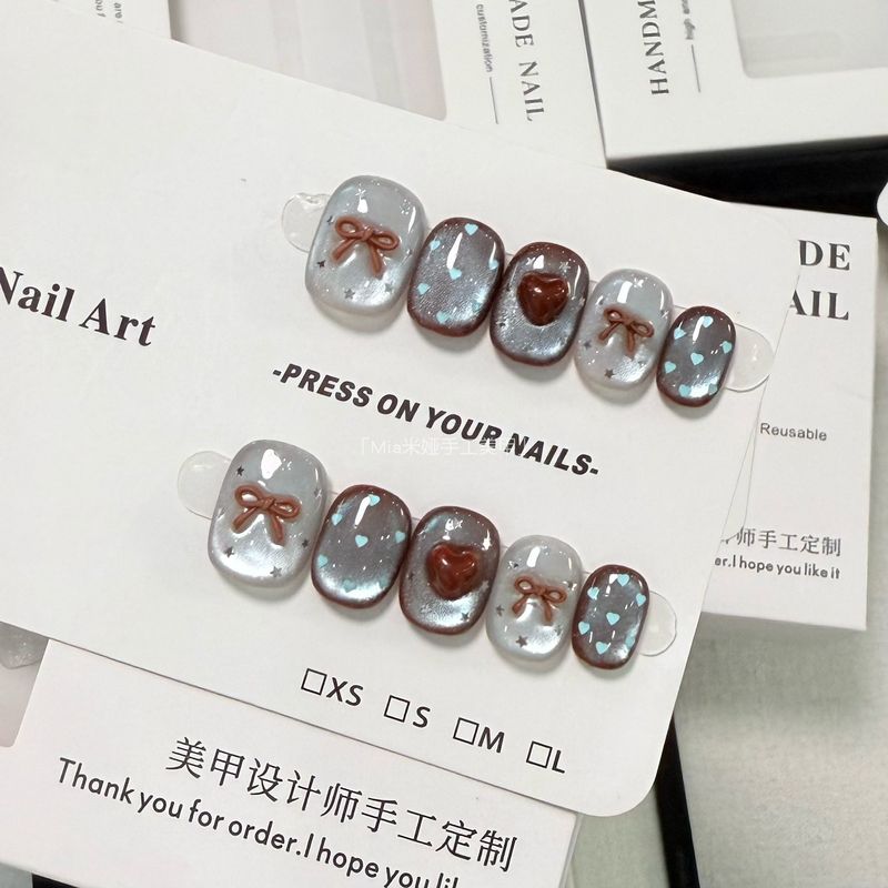 【下午茶】秋冬蓝棕猫眼美甲短款可爱蝴蝶结显白纯手工穿戴甲新款