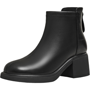 天美意复古粗跟厚底时装靴皮靴女鞋子高跟短靴2025冬新款BL731DD5