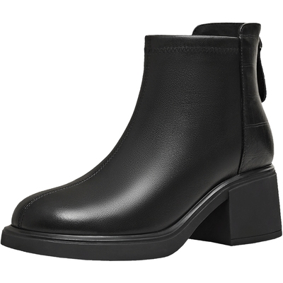 天美意复古粗跟厚底时装靴皮靴女鞋子高跟短靴2025冬新款BL731DD5