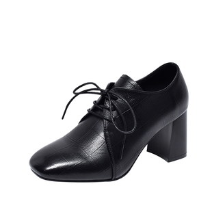 2025新款秋季女鞋女士方头系带粗跟高跟鞋秋冬软皮深口单鞋真皮鞋