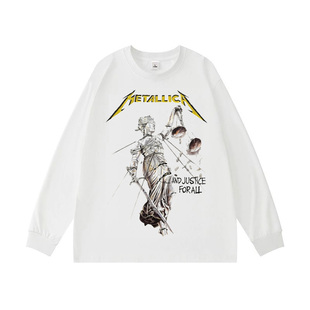 Metallica金属乐队长袖T恤男女摇滚印花欧美复古白色纯棉上衣春秋