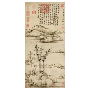 元倪瓒容膝斋图高清微喷复制学习临摹画稿复名家水墨山水古画挂画