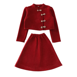 女童冬季加绒国风年服套装2026新款女孩呢子外套半身裙两件套冬款