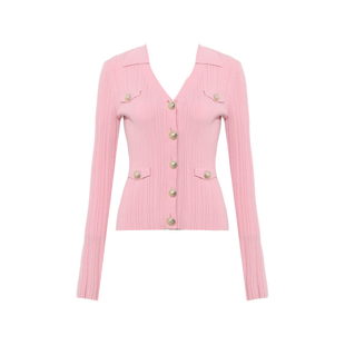 DPLAY2026春季气质简约粉色毛衣翻领修身针织衫打底衫上衣女开衫