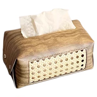 复古藤编纸巾盒客厅家用名宿高档中古木纹收纳盒装饰抽纸盒高级感