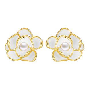 周大生山茶花银S925耳钉气质耳环女珍珠耳饰情人节生日礼物送妈妈