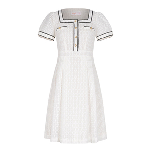 固执夏季新款气质小香风方领短袖蕾丝短款连衣裙10842LQ09154