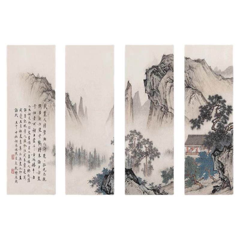 山水画客厅背景墙装饰画条屏四联画书房办公室壁画新中式茶室挂画