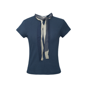 D-HARRY/迪哈利夏新款藏青色圆领飘带领短袖T恤DH242B97318D