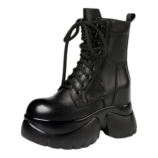 复古真皮内增高10CM马丁靴女秋冬头层牛皮松糕厚底短靴显瘦中筒靴