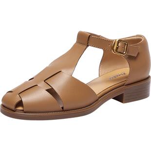 Bata罗马假日包头凉鞋女春秋牛皮镂空复古罗马鞋ATA27AK4