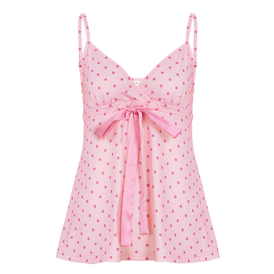 WEEKEEP 古早感甜美少女撞色波点蝴蝶结V领吊带百搭A摆显瘦背心