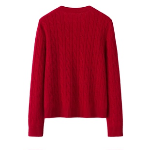 2026秋冬新款新年红羊绒衫女套头圆领本命年马刺绣绞花毛衣宽松款