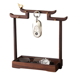 中古风胡桃木入户门玄关放钥匙置物架收纳摆件客厅家居鞋柜装饰品