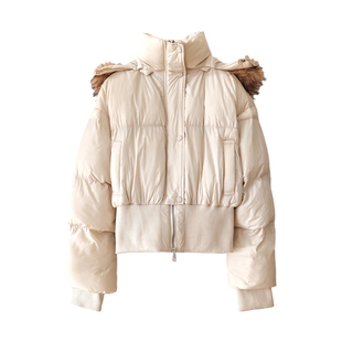 京都落雪 法式复古设计感连帽毛领短款棉服女收腰面包服外套冬季