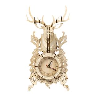 木制麋鹿台钟拼图摆件儿童益智拼装模型玩具立体手工积木时钟拼板