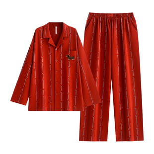 悦内情侣睡衣结婚新婚套装女春秋款长袖纯棉家居服男大红色本命年