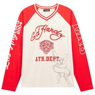 Ed Hardy埃德哈迪春季流行新款女士美式复古T恤V领插肩袖长袖