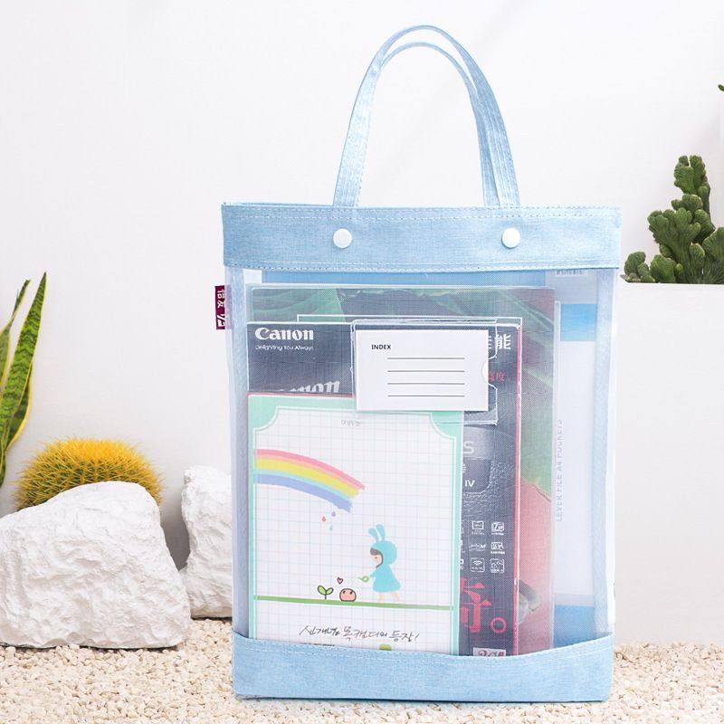 手提补习袋中小学生科目袋尼龙网科目书袋大容量分类按扣拎纱透明