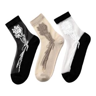 女款袜子中筒袜棉底玻璃透气复古妈妈袜防勾丝防滑女士丝袜玫瑰花