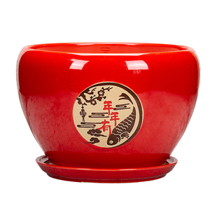 中国风喜庆红色花盆陶瓷兰花盆透气吸水花卉盆塑料底座大号养花盆