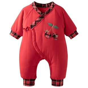 [樱姿丹华]aqpa爱帕夹棉婴儿连体衣冬季保暖加厚棉服新年红拜年服