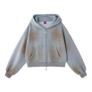 FTT Flythetruth 连帽卫衣女款春做旧复古烫火钻美式拉链外套上衣