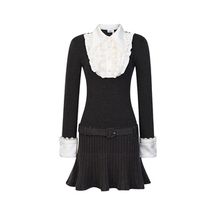 lefame拉飞姆冬季法式摩登蕾丝压褶通勤风针织连衣裙