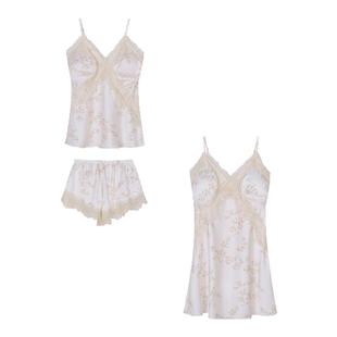 馨帮帮 甜美碎花冰丝吊带睡衣女夏季性感蕾丝边带胸垫睡裙家居服
