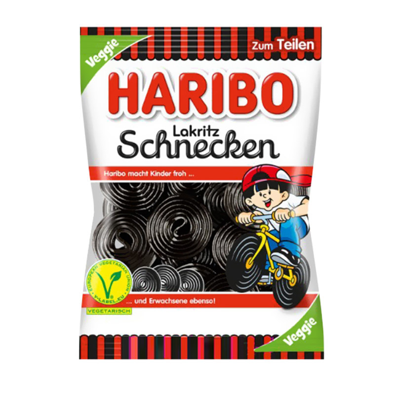 德国进口Haribo哈瑞宝甘草味软糖车轮蜗牛夹心甘草怪味糖果零食