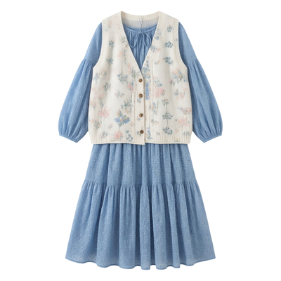 LUM 法式温柔风针织马甲连衣裙套装女秋季新款甜美减龄长裙两件套